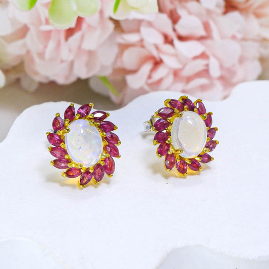 Thaigems ต่างหูเงินแท้ 925 ฝังพลอยโอปอลเอธิโอเปีย (Ethiopia Opal) + ทับทิมไทย (Ruby)