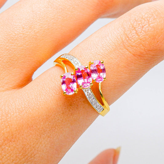 แหวนทอง9K ฝังพลอย พิงค์แซฟไฟร์ดิบ (Sapphire) + เพชร (Diamond)