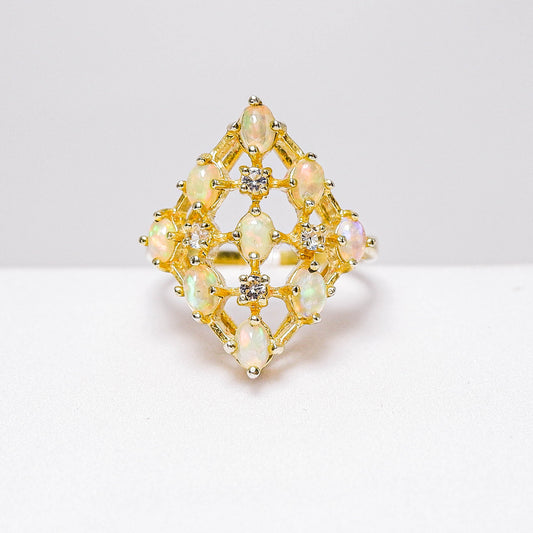 แหวนเงินแท้ 925 ฝังพลอย โอปอล (Opal) + ไวท์โทพาส (whitetopaz)